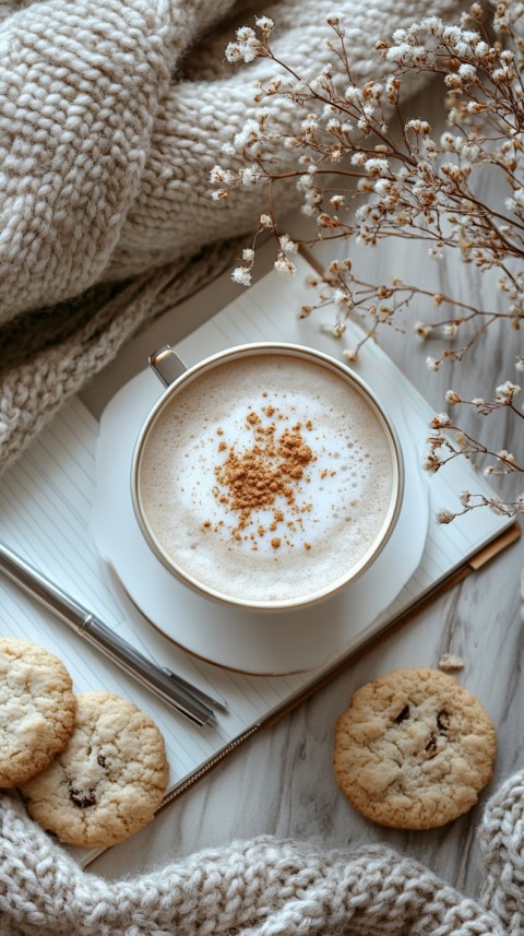 Top Shot of a Desk with Work Essentials – Laptop, Notebooks, Pen, Coffee, and Cookies – Feminine Blogger Aesthetic (134)