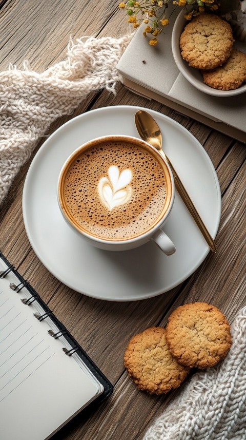 Top Shot of a Desk with Work Essentials – Laptop, Notebooks, Pen, Coffee, and Cookies – Feminine Blogger Aesthetic (116)