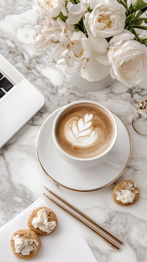 Top Shot of a Desk with Work Essentials – Laptop, Notebooks, Pen, Coffee, and Cookies – Feminine Blogger Aesthetic (152)