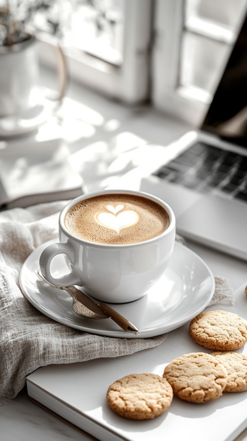 Top Shot of a Desk with Work Essentials – Laptop, Notebooks, Pen, Coffee, and Cookies – Feminine Blogger Aesthetic (169)