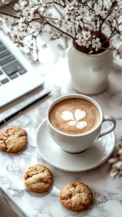 Top Shot of a Desk with Work Essentials – Laptop, Notebooks, Pen, Coffee, and Cookies – Feminine Blogger Aesthetic (159)