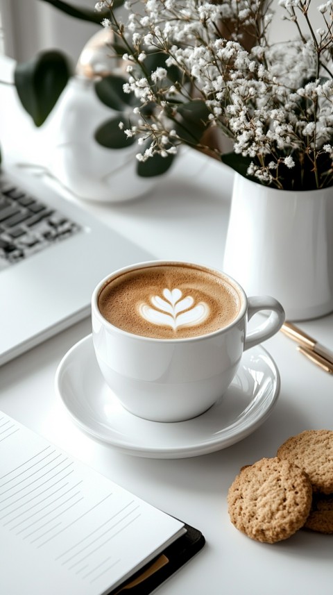 Top Shot of a Desk with Work Essentials – Laptop, Notebooks, Pen, Coffee, and Cookies – Feminine Blogger Aesthetic (179)