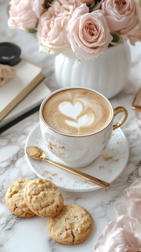 Top Shot of a Desk with Work Essentials – Laptop, Notebooks, Pen, Coffee, and Cookies – Feminine Blogger Aesthetic (160)