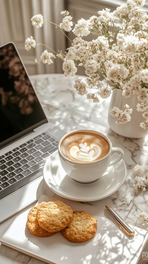 Top Shot of a Desk with Work Essentials – Laptop, Notebooks, Pen, Coffee, and Cookies – Feminine Blogger Aesthetic (181)