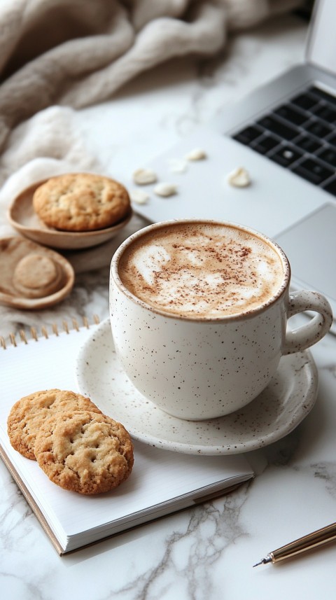 Top Shot of a Desk with Work Essentials – Laptop, Notebooks, Pen, Coffee, and Cookies – Feminine Blogger Aesthetic (162)