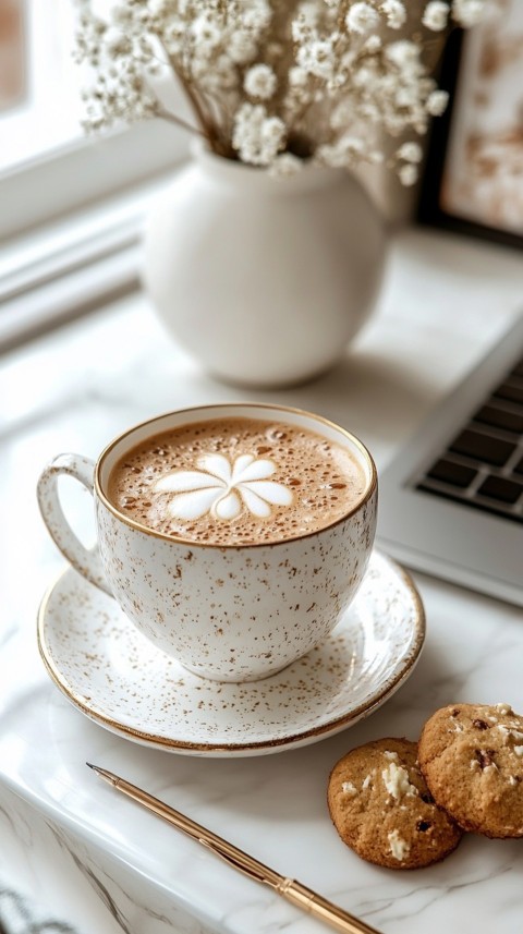 Top Shot of a Desk with Work Essentials – Laptop, Notebooks, Pen, Coffee, and Cookies – Feminine Blogger Aesthetic (182)