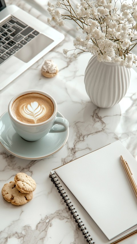 Top Shot of a Desk with Work Essentials – Laptop, Notebooks, Pen, Coffee, and Cookies – Feminine Blogger Aesthetic (176)