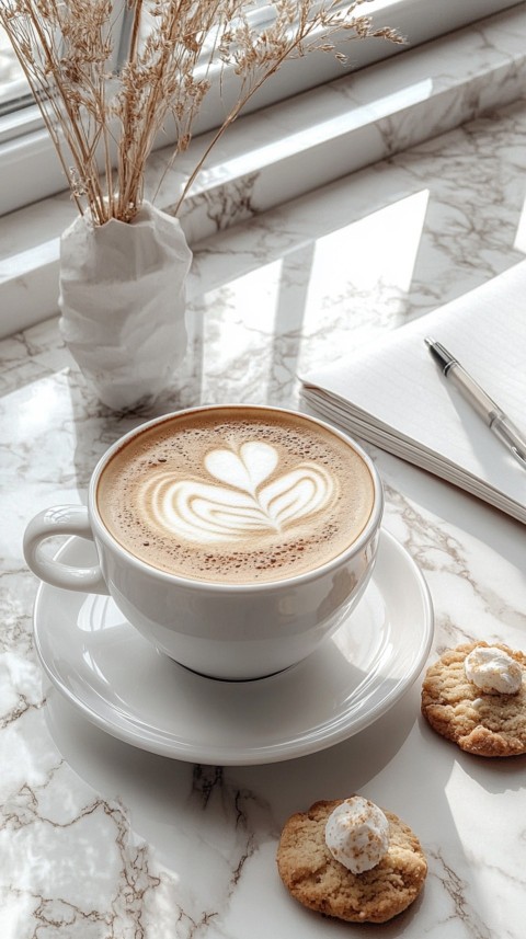 Top Shot of a Desk with Work Essentials – Laptop, Notebooks, Pen, Coffee, and Cookies – Feminine Blogger Aesthetic (183)