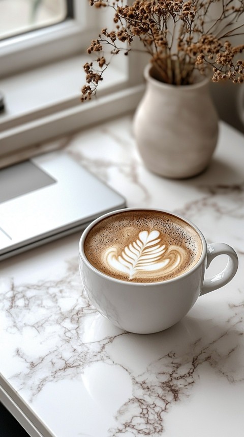 Top Shot of a White Table with a Laptop, Notebook, and Coffee – Cozy Feminine Blogger Aesthetic (1)