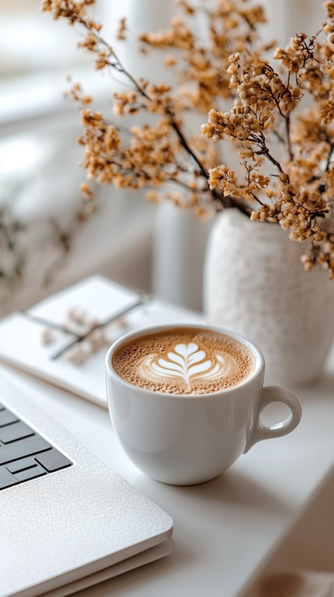 Top Shot of a White Table with a Laptop, Notebook, and Coffee – Cozy Feminine Blogger Aesthetic (85)