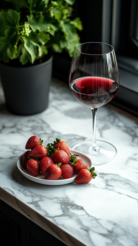 Top View of a White Marble Counter with a Glass of Red Wine and Strawberries – Elegant Aesthetic (10)