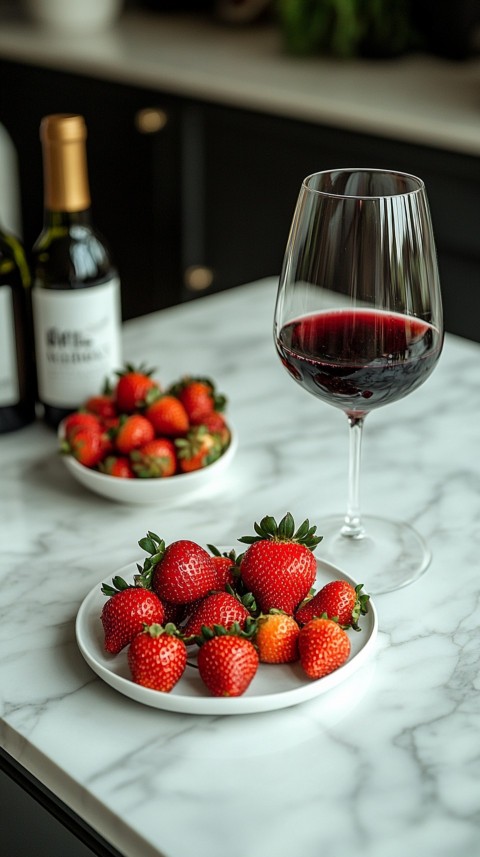 Top View of a White Marble Counter with a Glass of Red Wine and Strawberries – Elegant Aesthetic (11)