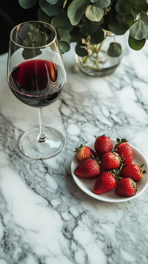 Top View of a White Marble Counter with a Glass of Red Wine and Strawberries – Elegant Aesthetic (20)