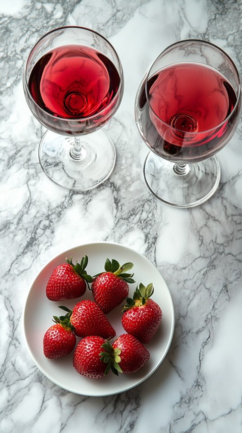 Top View of a White Marble Counter with a Glass of Red Wine and Strawberries – Elegant Aesthetic (15)