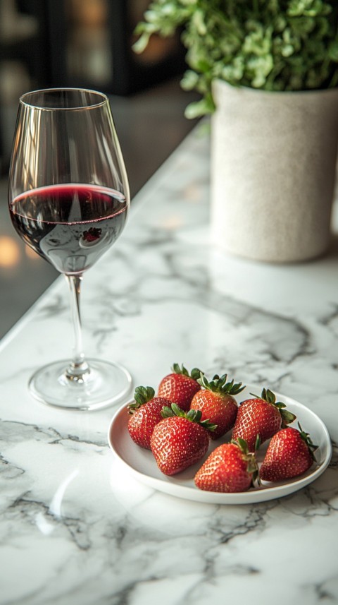 Top View of a White Marble Counter with a Glass of Red Wine and Strawberries – Elegant Aesthetic (42)