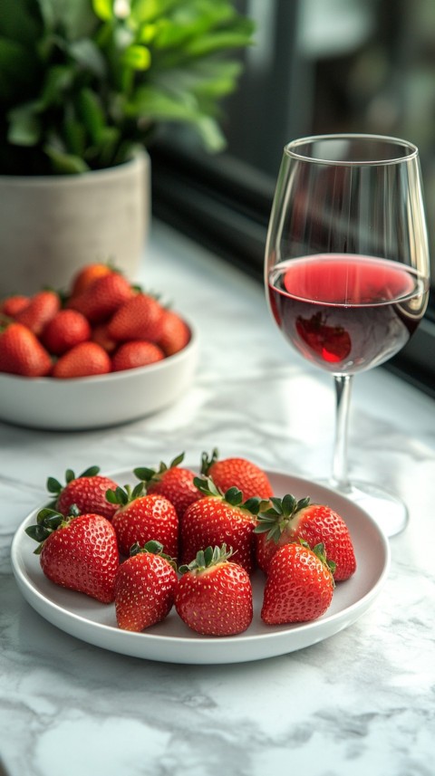 Top View of a White Marble Counter with a Glass of Red Wine and Strawberries – Elegant Aesthetic (43)