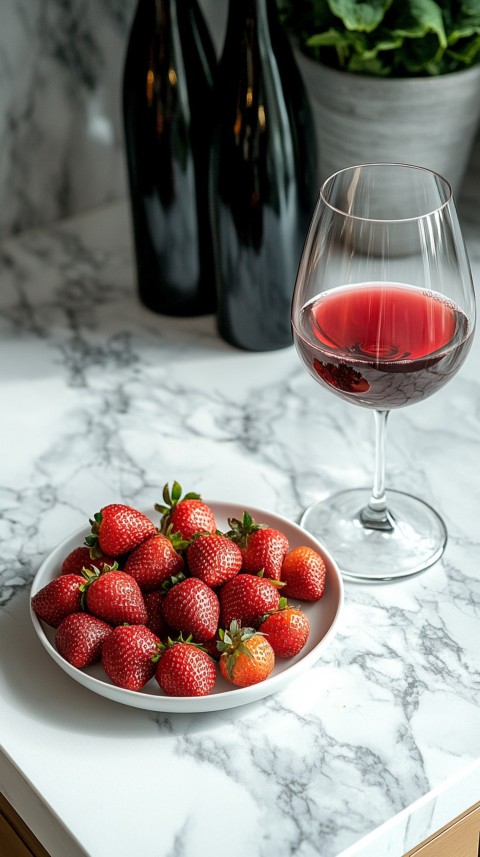 Top View of a White Marble Counter with a Glass of Red Wine and Strawberries – Elegant Aesthetic (23)