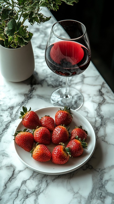 Top View of a White Marble Counter with a Glass of Red Wine and Strawberries – Elegant Aesthetic (49)