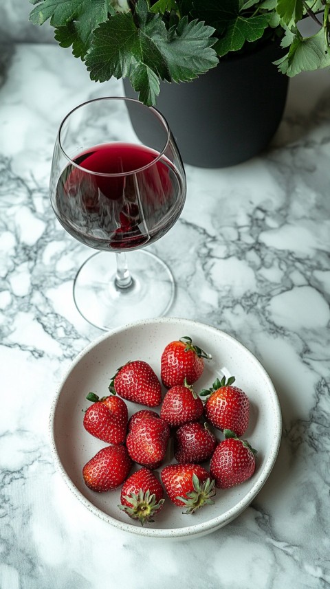 Top View of a White Marble Counter with a Glass of Red Wine and Strawberries – Elegant Aesthetic (37)