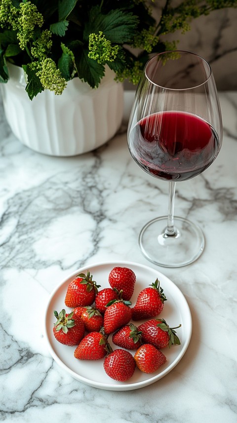 Top View of a White Marble Counter with a Glass of Red Wine and Strawberries – Elegant Aesthetic (36)