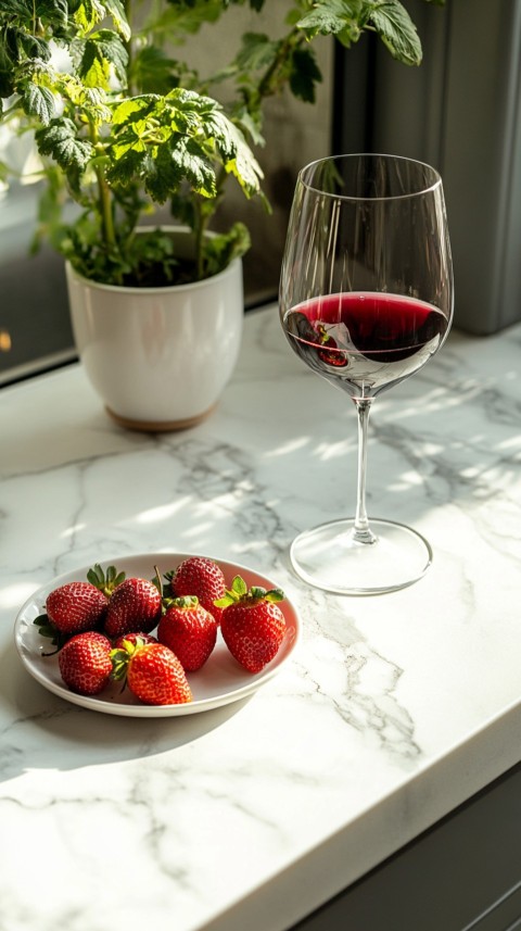 Top View of a White Marble Counter with a Glass of Red Wine and Strawberries – Elegant Aesthetic (96)