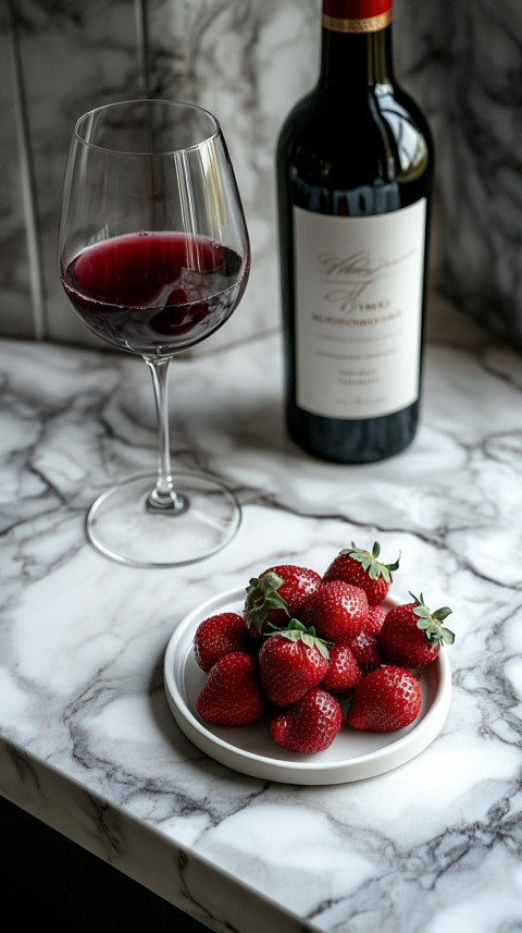 Top View of a White Marble Counter with a Glass of Red Wine and Strawberries – Elegant Aesthetic (70)