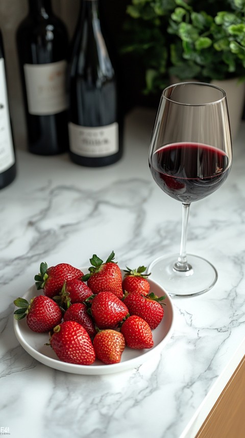 Top View of a White Marble Counter with a Glass of Red Wine and Strawberries – Elegant Aesthetic (74)