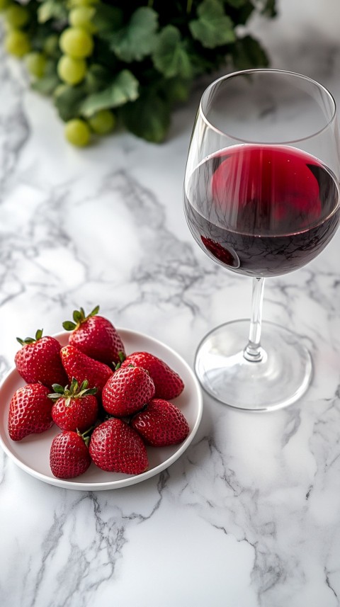 Top View of a White Marble Counter with a Glass of Red Wine and Strawberries – Elegant Aesthetic (79)