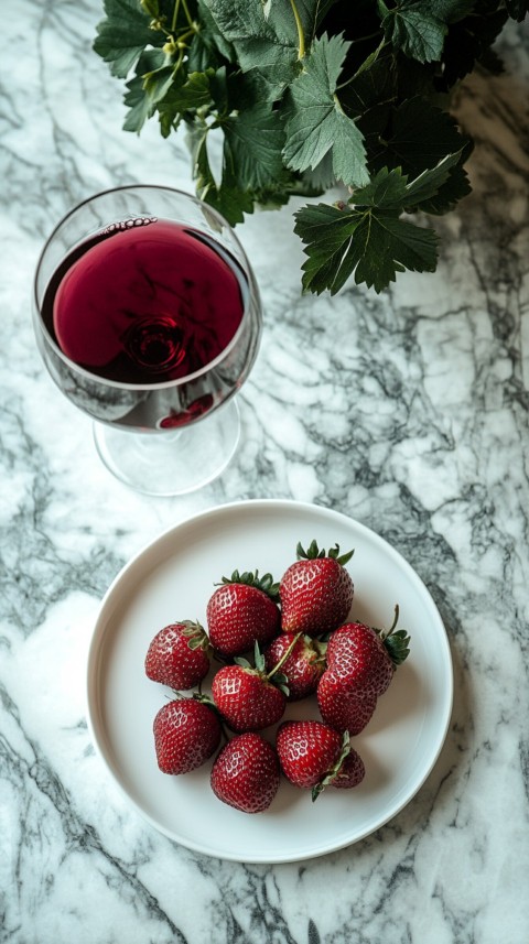 Top View of a White Marble Counter with a Glass of Red Wine and Strawberries – Elegant Aesthetic (92)