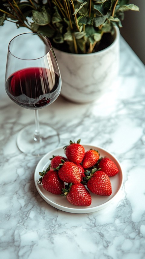 Top View of a White Marble Counter with a Glass of Red Wine and Strawberries – Elegant Aesthetic (59)