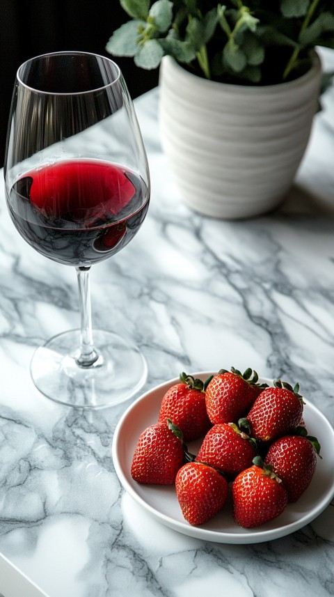 Top View of a White Marble Counter with a Glass of Red Wine and Strawberries – Elegant Aesthetic (93)