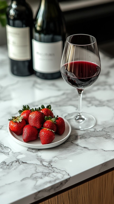 Top View of a White Marble Counter with a Glass of Red Wine and Strawberries – Elegant Aesthetic (90)