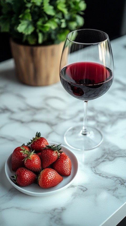 Top View of a White Marble Counter with a Glass of Red Wine and Strawberries – Elegant Aesthetic (78)