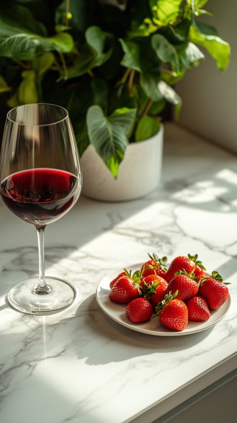 Top View of a White Marble Counter with a Glass of Red Wine and Strawberries – Elegant Aesthetic (55)