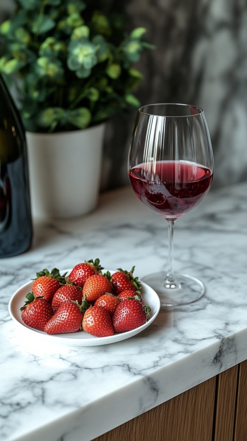 Top View of a White Marble Counter with a Glass of Red Wine and Strawberries – Elegant Aesthetic (71)