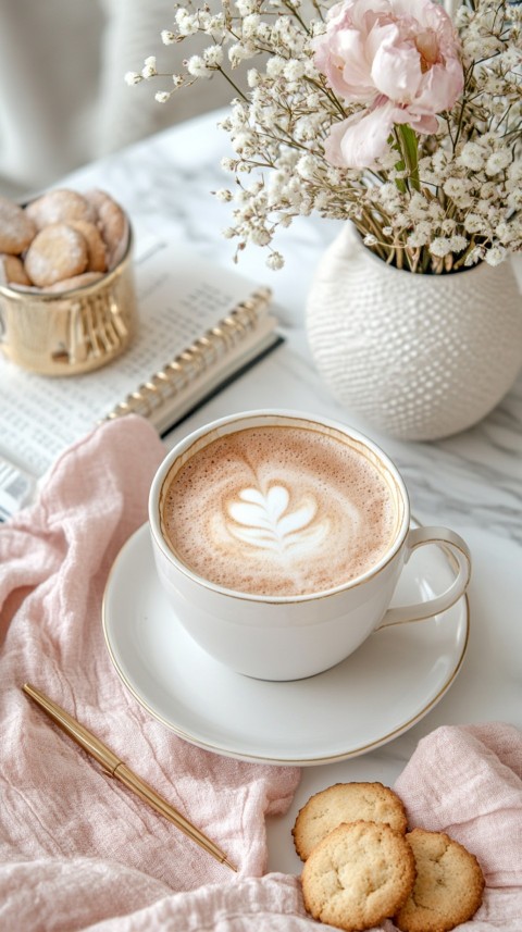 Top Shot of a Desk with Work Essentials – Laptop, Notebooks, Pen, Coffee, and Cookies – Feminine Blogger Aesthetic (16)