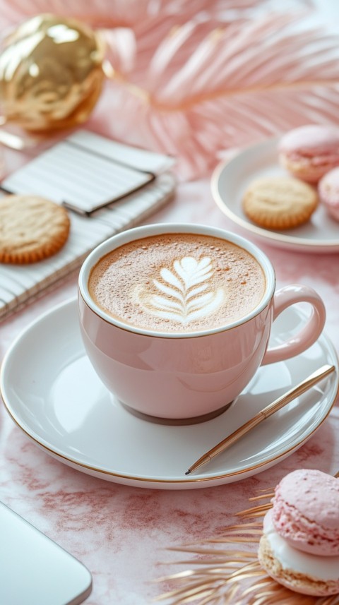 Top Shot of a Desk with Work Essentials – Laptop, Notebooks, Pen, Coffee, and Cookies – Feminine Blogger Aesthetic (43)