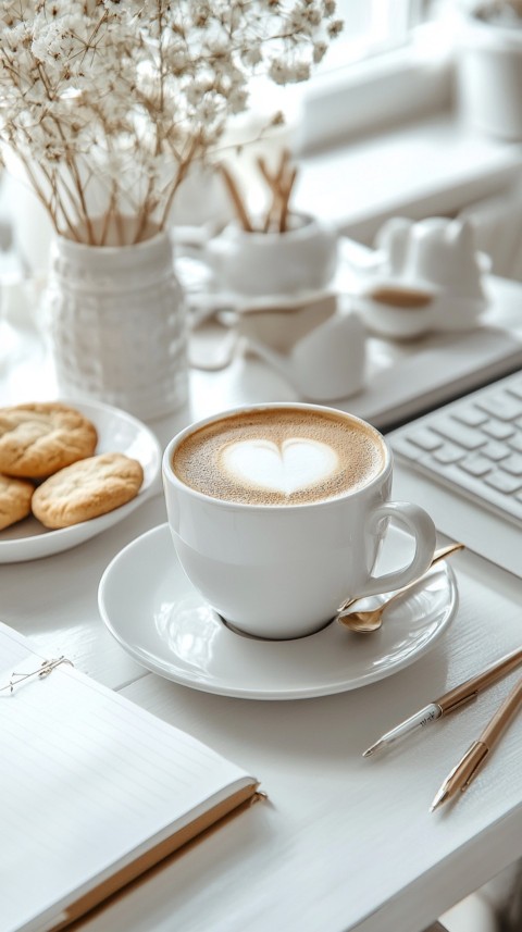 Top Shot of a Desk with Work Essentials – Laptop, Notebooks, Pen, Coffee, and Cookies – Feminine Blogger Aesthetic (36)