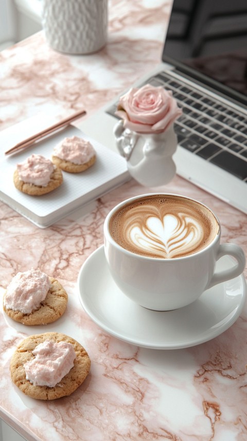 Top Shot of a Desk with Work Essentials – Laptop, Notebooks, Pen, Coffee, and Cookies – Feminine Blogger Aesthetic (46)