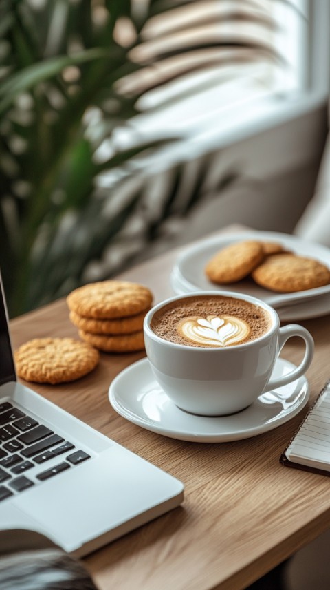 Top Shot of a Desk with Work Essentials – Laptop, Notebooks, Pen, Coffee, and Cookies – Feminine Blogger Aesthetic (30)