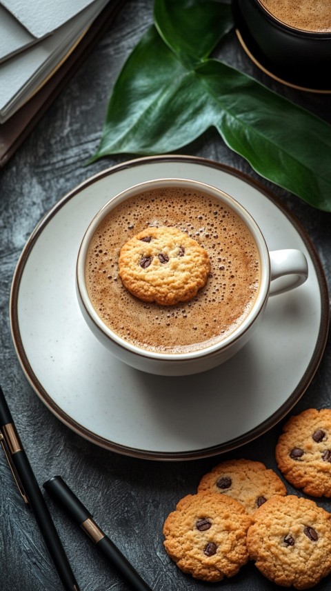 Top Shot of a Desk with Work Essentials – Laptop, Notebooks, Pen, Coffee, and Cookies – Feminine Blogger Aesthetic (33)