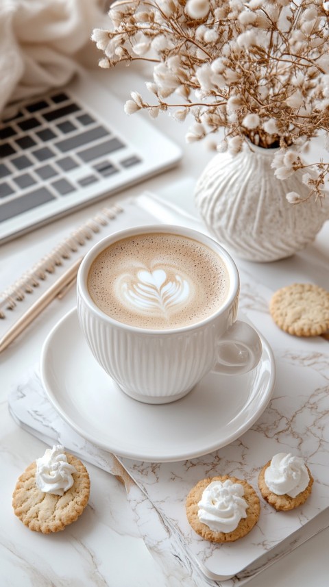 Top Shot of a Desk with Work Essentials – Laptop, Notebooks, Pen, Coffee, and Cookies – Feminine Blogger Aesthetic (52)