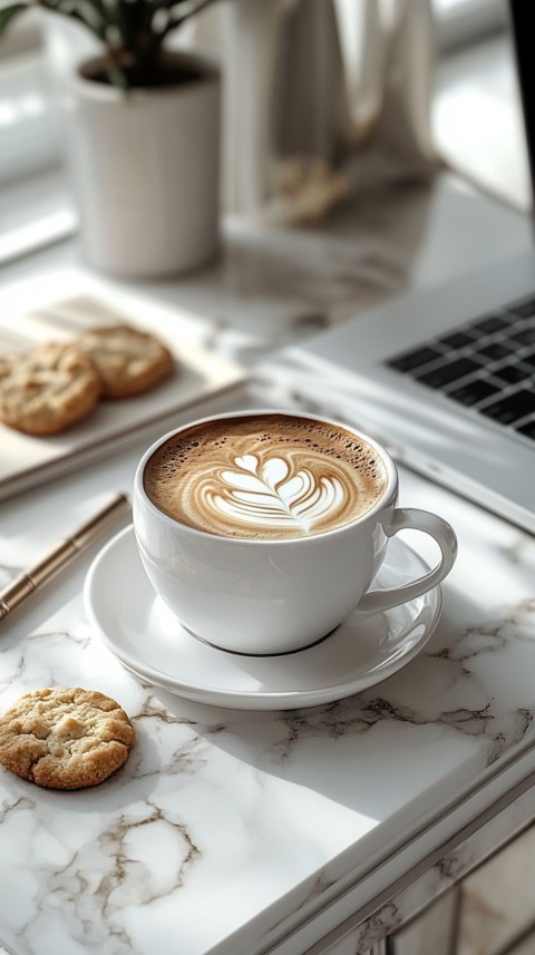 Top Shot of a Desk with Work Essentials – Laptop, Notebooks, Pen, Coffee, and Cookies – Feminine Blogger Aesthetic (65)