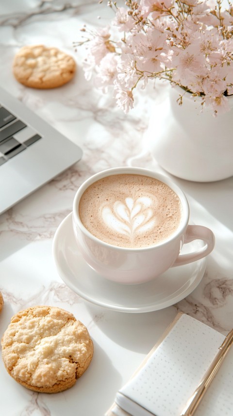 Top Shot of a Desk with Work Essentials – Laptop, Notebooks, Pen, Coffee, and Cookies – Feminine Blogger Aesthetic (73)