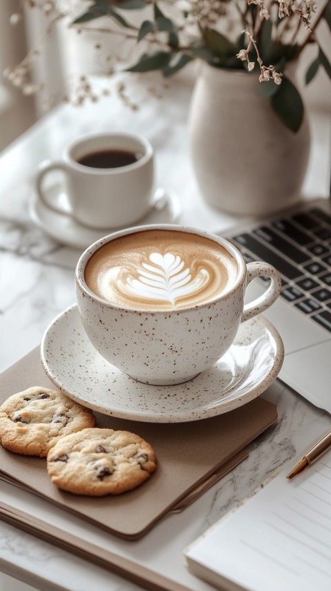 Top Shot of a Desk with Work Essentials – Laptop, Notebooks, Pen, Coffee, and Cookies – Feminine Blogger Aesthetic (58)