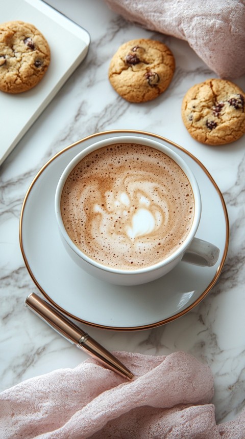 Top Shot of a Desk with Work Essentials – Laptop, Notebooks, Pen, Coffee, and Cookies – Feminine Blogger Aesthetic (77)