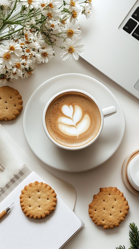 Top Shot of a Desk with Work Essentials – Laptop, Notebooks, Pen, Coffee, and Cookies – Feminine Blogger Aesthetic (66)