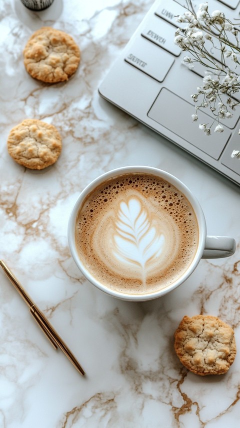 Top Shot of a Desk with Work Essentials – Laptop, Notebooks, Pen, Coffee, and Cookies – Feminine Blogger Aesthetic (60)