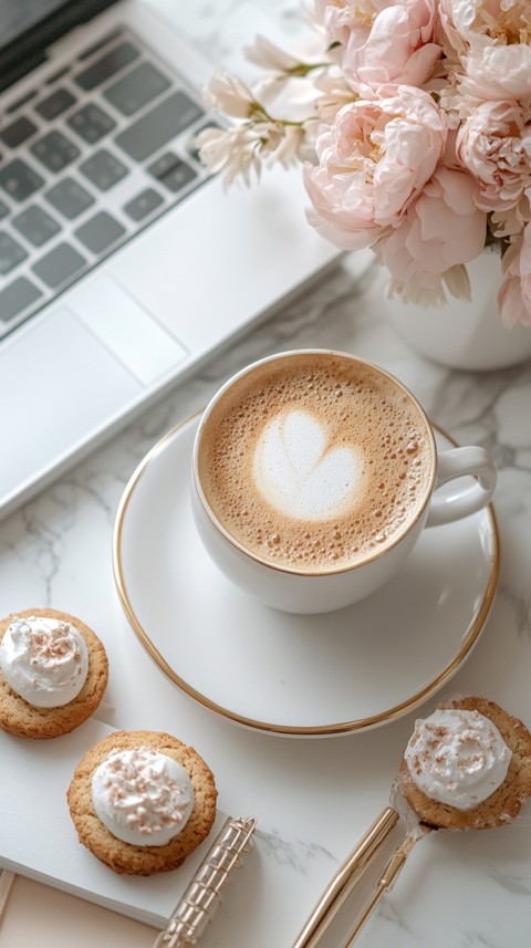 Top Shot of a Desk with Work Essentials – Laptop, Notebooks, Pen, Coffee, and Cookies – Feminine Blogger Aesthetic (92)