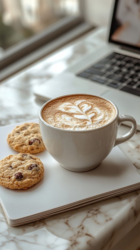 Top Shot of a Desk with Work Essentials – Laptop, Notebooks, Pen, Coffee, and Cookies – Feminine Blogger Aesthetic (103)